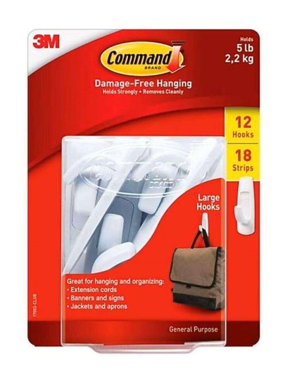 3M Command Damage-Free Hanging Hook, Large holds up to 5 lb, White, 12/Pack
